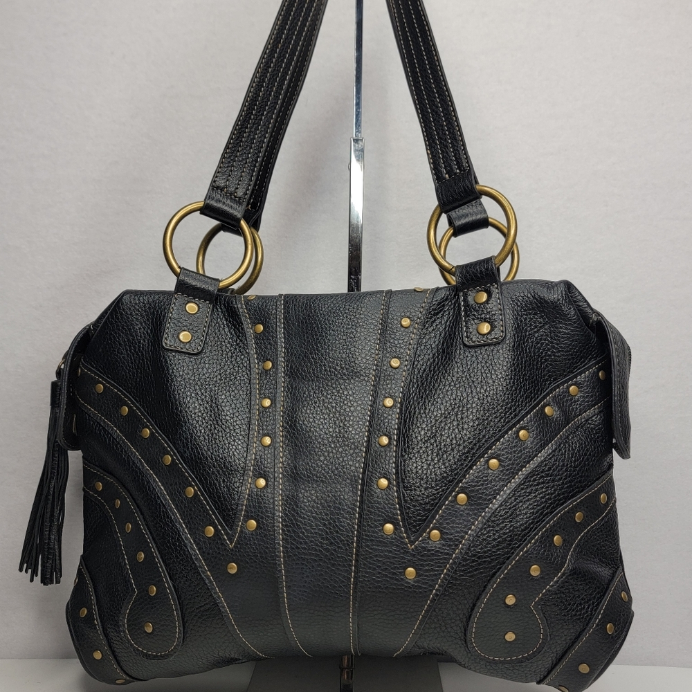 Hot In Hollywood Elegant Black Genuine Leather Handbag with Gold Accents. P180
